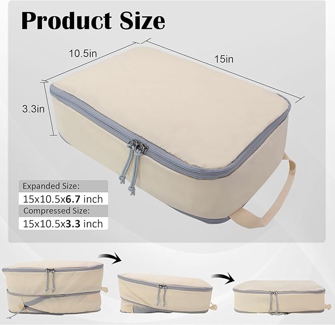Large Compression Packing Cubes for Travel, 2 Set Compression Bags Travel Cubes for Packing Suitcase Luggage Organizer, Beige