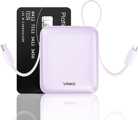 VINKO Portable Charger Power Bank with Built-in Cables, 22.5W Fast Charging 10000mAh Phone Charger, Small Travel Battery Pack with Smart LED Display for iPhone, Android & USB-C Devices(Purple)