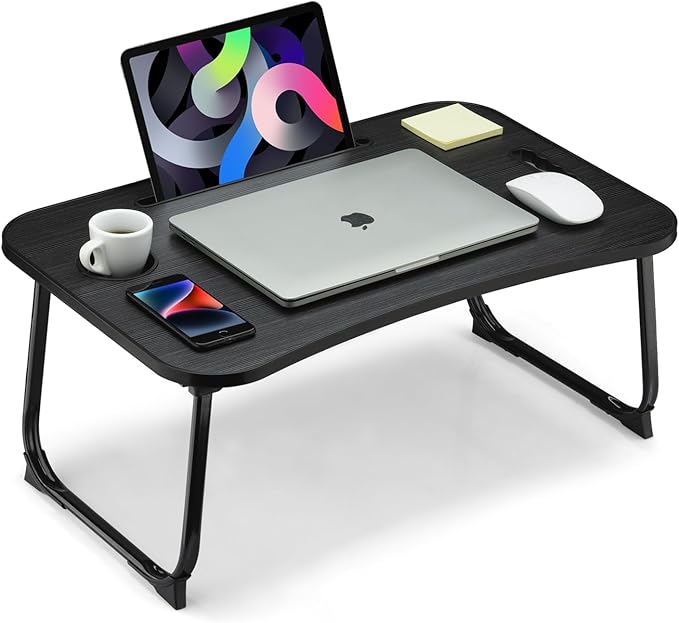 Foldable Lap Desk, Laptop Bed Desk, Portable Lap Table, Laptop Bed Table with Cup Holder & Tablet Slot & Lifting Handle for Working Writing Drawing & Eating - Black Wood