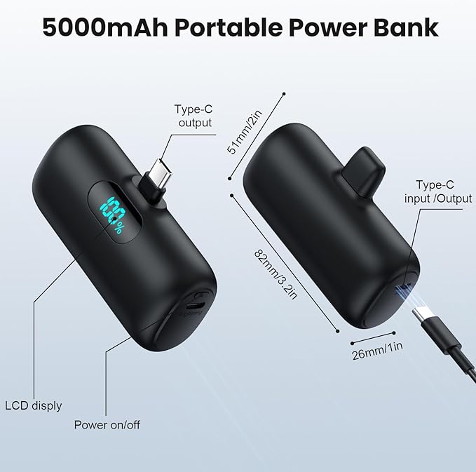[2 Pack] Samll Portable Charger for iPhone 16/15 Series, 5000mAh 3A PD USB C Power Bank, Mini LCD Display Battery Pack Compatible with iPhone 16/16 Plus/16 Pro/15 Pro Max,Samsung,Android/Moto/LG etc