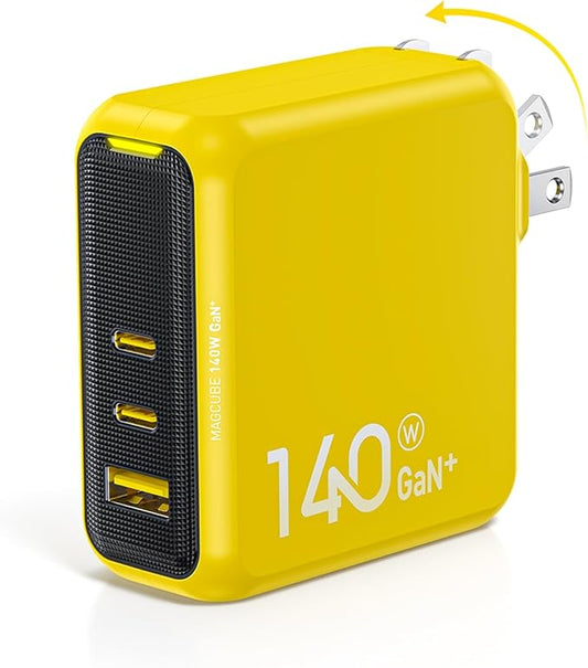 AOHI Magcube 140W USB C Charger PD3.1 3-Port GaN+ Laptop Wall Charger 100W Fast Charging Power Adapter Foldable Plug for MacBook Pro 16'', Dell XPS, iPad Pro, Galaxy, iPhone 17 Pro, Chromebook, Yellow