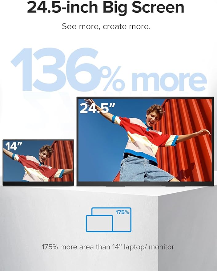 Portable Monitor 24.5” 240Hz, Gaming Monitor with FreeSync, HDR, 0.1ms, 180° Adjustable Kickstand & VESA, USB-C & HDMI, 2000:1 Contrast, 400Nits IPS Large Travel Second Screen for Laptop, Game Console