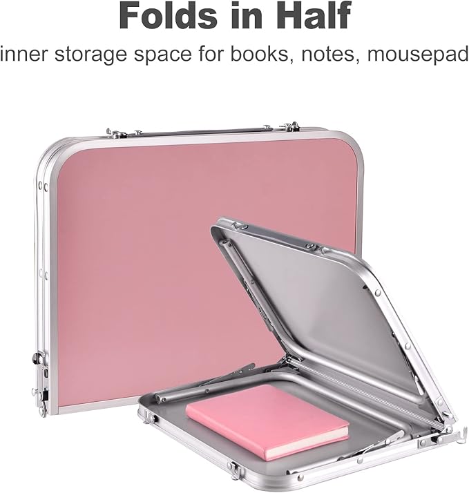 Foldable Laptop and Bed Table with Storage, Portable Mini Lap Desk for Legs, Ideal for Study, Reading, Picnic, Breakfast,and More (Pink)