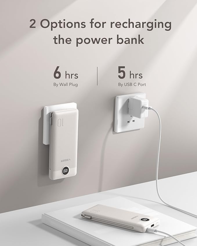 VEGER Portable Charger with Built-in AC Plug and Cables, All in One 10000mAh Ultra-Slim Power Bank, 15W Fast Charging for iPhone, Samsung, Android, Travel Essential (Coffee)