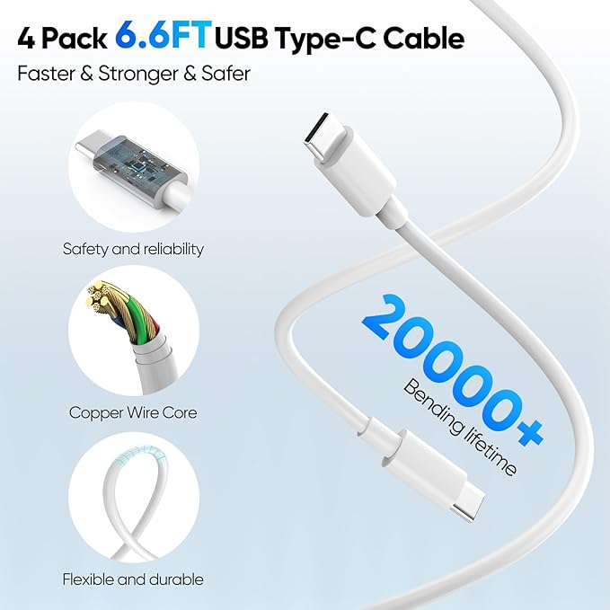 [2-Pack] USB C Charger,80W 4-Port Type C Fast Charging Block,USBC Multiport Wall Plug PD&QC GaN Charging Cube with 6.6FT USB C Cable for iPhone 16/15/14/13/12/11/Pro Max/XS/XR, Samsung（White