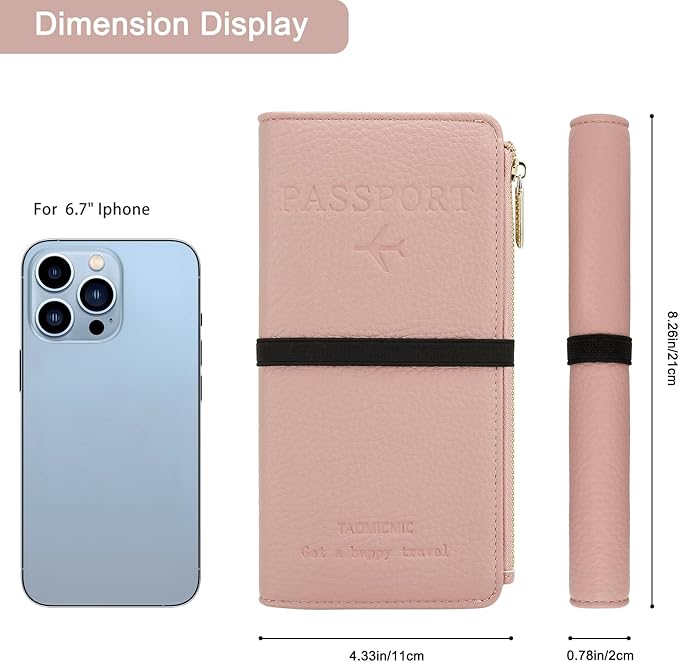 DOB SECHS Leather Passport Wallet for Women, RFID Blocking Passport Holder with Zipper for Travel, Credit Card Cover Case, Travel Document Organizer Pouch Bag +ID Window+Cash Pocket+SIM Slot, Pink