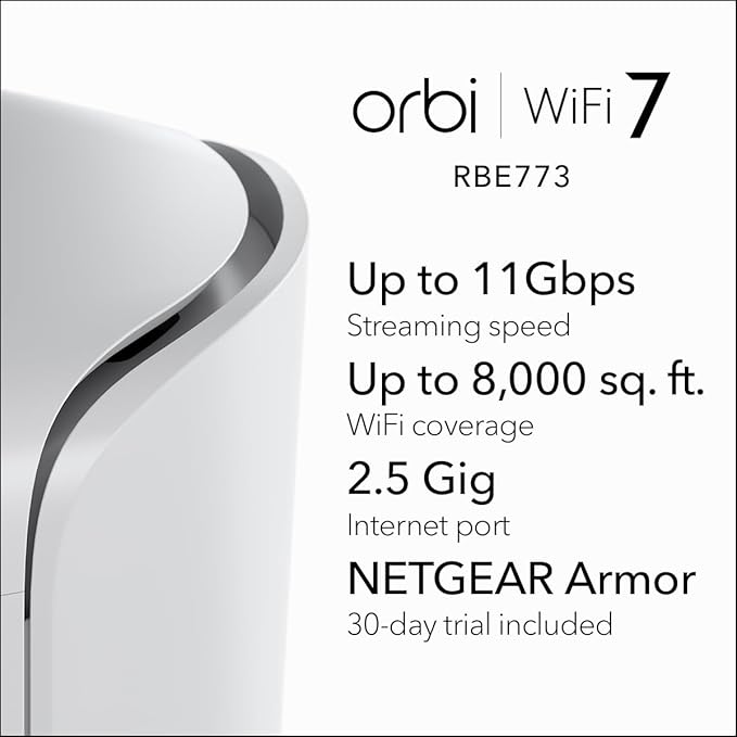 NETGEAR Orbi 770 Series Tri-Band WiFi 7 Mesh Network System (RBE773) - Router + 2 Satellite Extenders, Security Features, Up to 11Gbps, Covers up to 8,000 sq. ft., 100 Devices, 2.5 Gig Internet Port