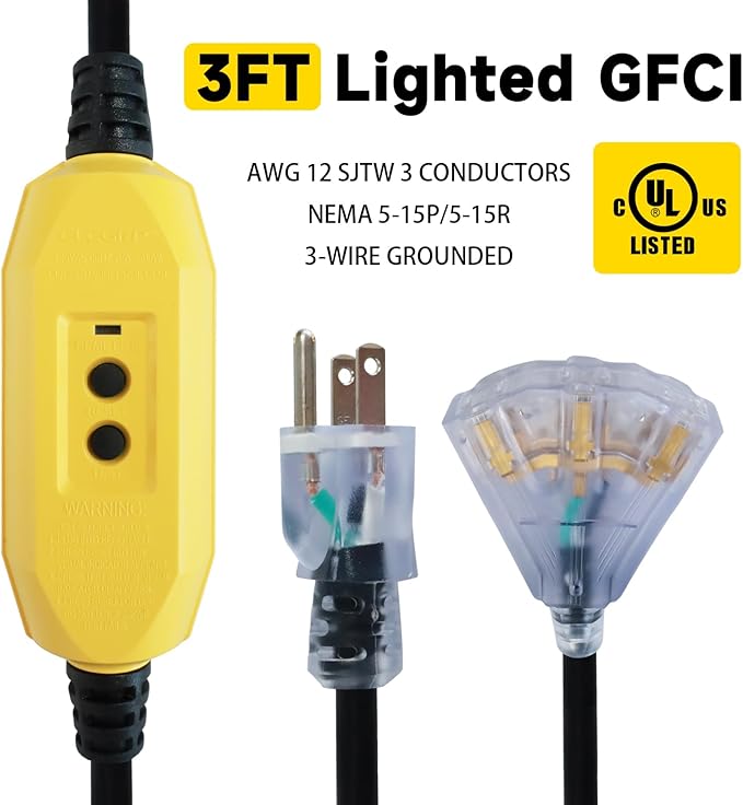 EP 3 Ft Lighted GFCI Extension Cord with 3 Electrical Power Outlets - 12/3 SJTW Heavy Duty Black Pigtail Extension Cable with 3 Prong Grounded Plug for Safety, UL Listed