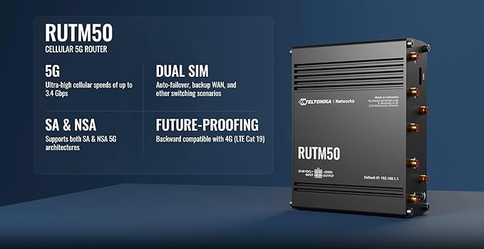 Teltonika RUTM50 5G Industrial Router – Dual SIM Failover, WiFi 5, Gigabit Ethernet, VPN & RMS Support (RUTM50000000)