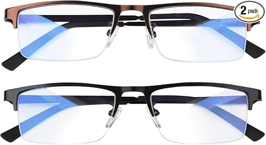 Blue Light Blocking Glasses, Lightweight Metal Half Frame Computer Reading/Gaming/TV/Phones Glasses,Filter UV Ray/Computer Glare with Spring Hinge Eyeglasses(Black+Brown)