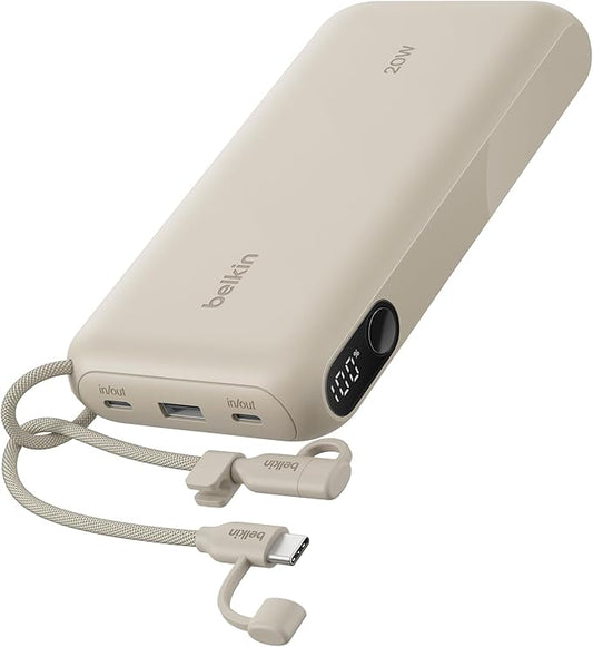 Belkin Portable Charger, USB-C Power Bank 20,000mAh w/ 2X USB-C Ports & 1x A Port, Digital Battery Display, 20W Charging for iPhone 17, Air, Pro, Samsung Galaxy S25, Pixel 10, iPad, & More - Sand