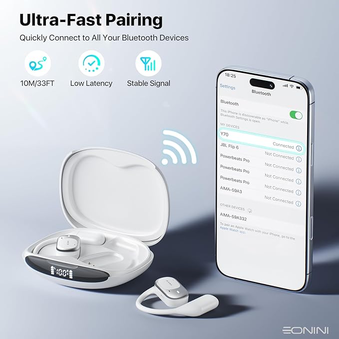 2025 Open Ear Earbuds Wireless Bluetooth Headphones, Earhook Sports Earphones with Mic, 40Hrs Playtime, Smart Digital Display, IPX5 Waterproof for Running, Gym, Cycling(White)