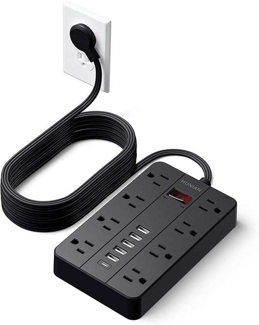15 Ft Long Extension Cord Power Strip Surge Protector, HUNIAN Flat Plug with 8 Widely Spaced Outlets 6 USB, Wall Mount Charging Station for Home and Office, Black