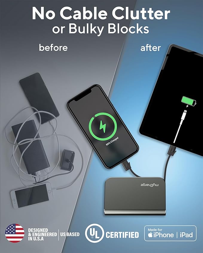 myCharge Portable Charger with Wall Plug – 10050mAh Fast Charging – Power Bank for iPhone, Samsung, Android & More - External Battery Pack Portable Charger with Built-in Cables (Lightning + USB-C)