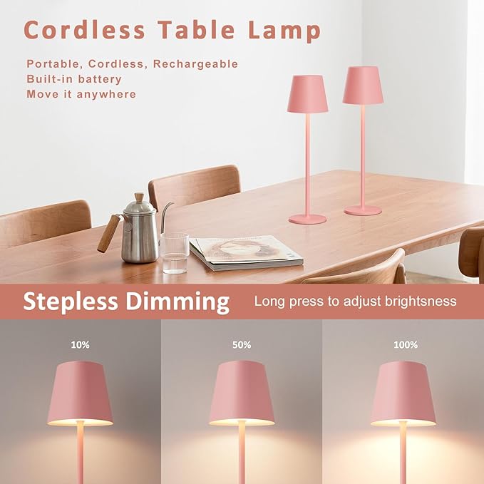 Kakanuo Pink Cordless Table Lamps, Rechargeable Lamp, Battery Operated Lamps, Touch Control Table Lamps, 3 Color Temperature, Stepless Dimmable, LED Portable Wireless Battery Lamp, Set of 2