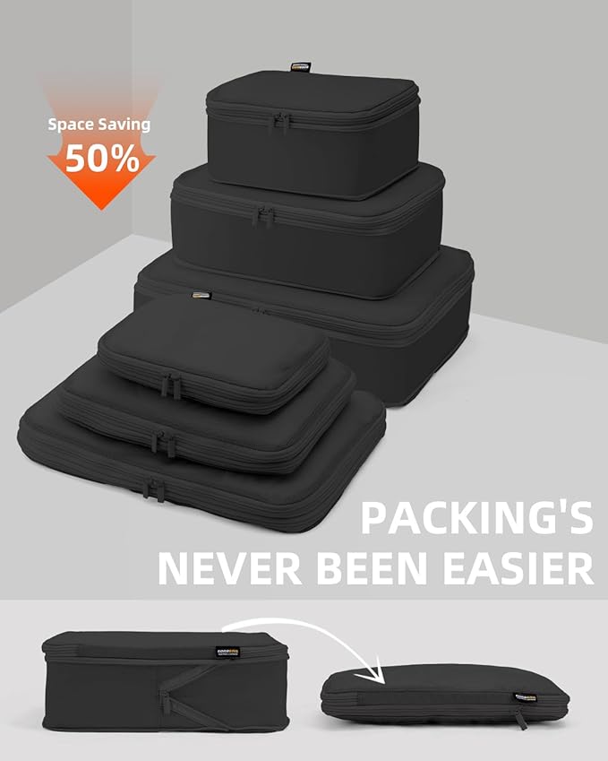 6 Set Compression Packing Cubes, Suitcase Storage Bags for Clothes and Travel Essentials (Pure Black)
