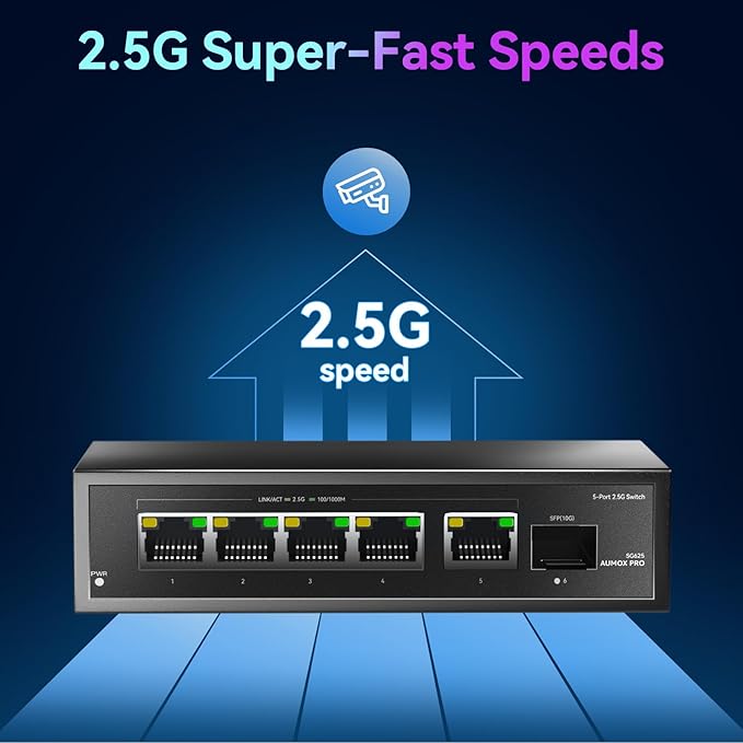 6 Port 2.5Gb Unmanaged Ethernet Switch with 5* 2.5G Base-T Ports, 1*10G SFP Ports, AUMOX PRO 60Gbps Switching Capacity Compatible with 100/1000/2500Mbps Plug and Play