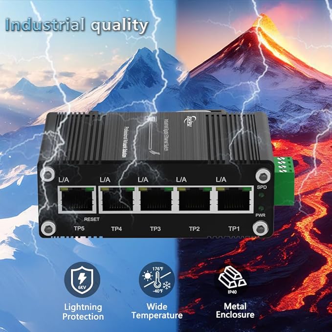 Htfoevrxs 5Port Industrial Mini Gigabit Ethernet Switch with Smart Web Management, QoS,Vlan 12-48V Wide Voltage Input, Compact and Durable Design for Reliable Networking