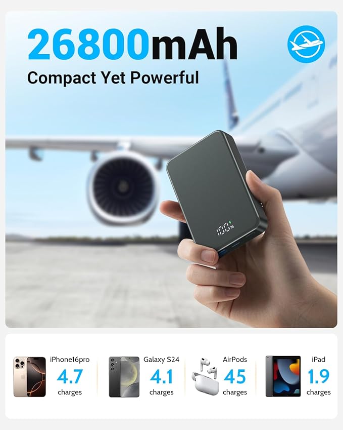 Magnetic Power Bank 26800mAh for Magsafe Portable Charger, Aluminum Alloy Large Capacity 20W USB-C in&Out Wireless Fast Charging Battery Pack for iPhone16 Plus Pro Max/15/14/13/12 Series, Silvery Gray