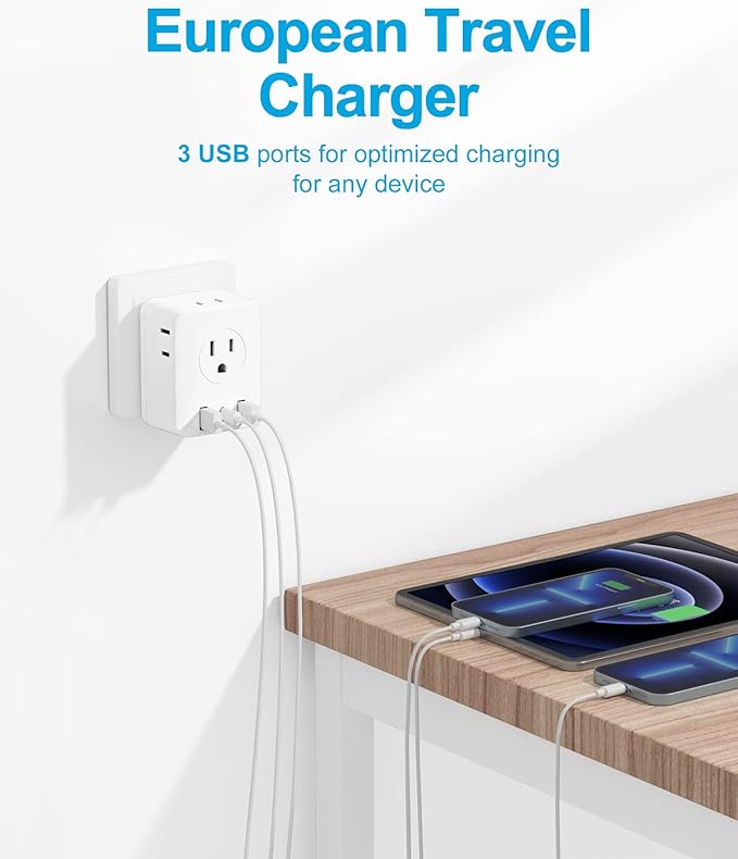 2 Pack Foldable European Travel Plug Adapter, kakyanill 7-in-1 European Plug Adapter with 4 Outlets 3 USB Charging Ports, Type C Plug from US to Most of Europe Spain Italy Germany France