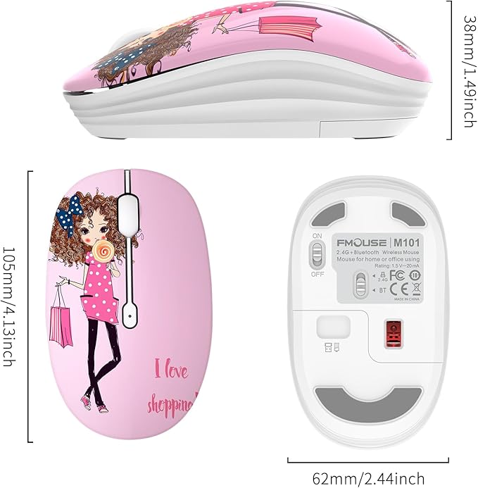 Cute Pink Wireless Mouse, Dual Mode, Bluetooth & 2.4GHz USB Receiver, Silent Clicks, AA-Battery Powered, Handy & Durable, for Kids, Girls, Students on Laptops, Mac, iPad, PC