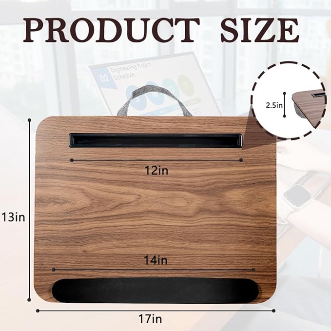 Portable Laptop Desk Fits Up to 16“ Laptops, with Tablet Slot, Built-in Cushion, Great for Home & Office,Lap Desk with Cushion (Brown with Wrist Rest, Medium)