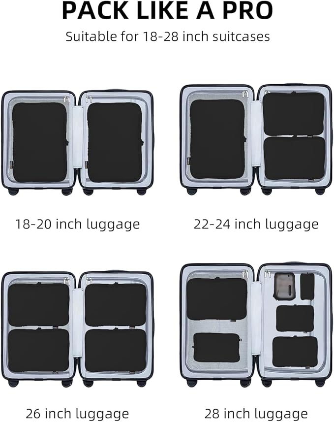 6 Set Compression Packing Cubes for Travel, Large Medium Small Luggage Organizers (Jet Black)