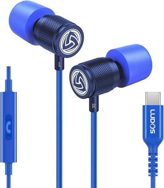 LUDOS Ultra USB C Headphones for iPhone 16 15 Pro Max Plus iPad Pro, 5 Years Warranty, Magnetic USB-C Earbuds for Samsung Galaxy S24 S23 Ultra S22 S21 FE S20 A55 A54 A53, USB Type C Earphones - Blue
