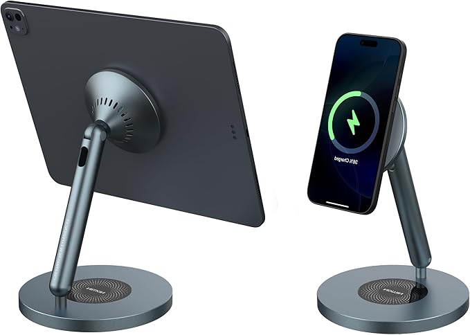 Nillkin Magnetic iPad Stand for Desk, MagSafe Wireless iPhone Charger Stand, 360° Rotating Base, Adjustable Aluminum Tablet Holder for Work, Office, Home, Kitchen Use