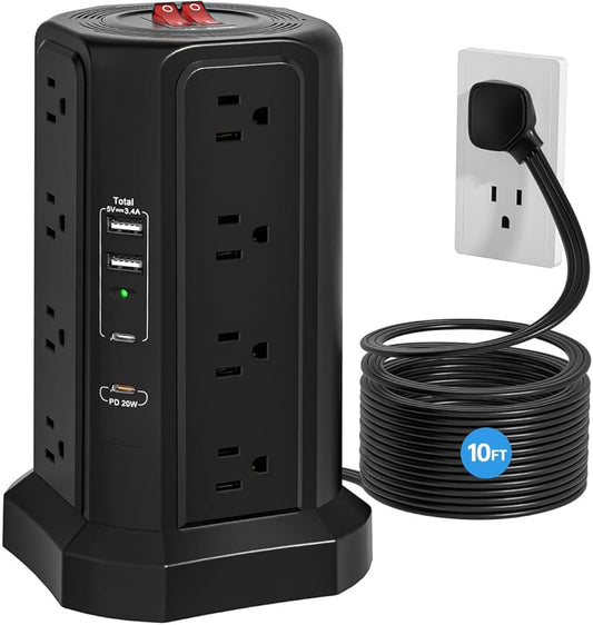 Surge Protector Power Strip with 5 USB Ports,16 AC Outlets 13A 10FT Extension Cord with Multiple Outlets, Fararaka Power Strip Tower with Surge Protection for Office Dorm Room (10FT+16AC2A2C)