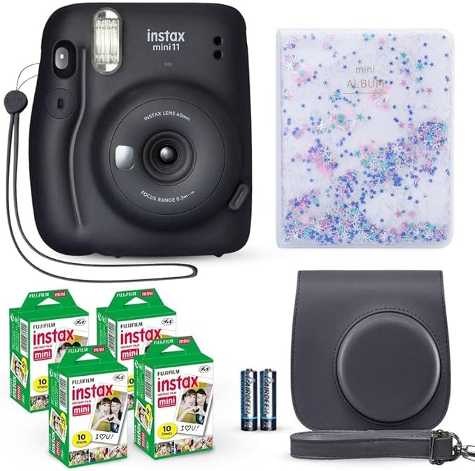 Fujifilm Instax Mini 11 Instant Camera Charcoal Gray + Fuji Film Value Pack (40 Sheets) + Shutter Accessories Bundle, Incl. Compatible Carrying Case, Quicksand Beads Photo Album 64 Pockets