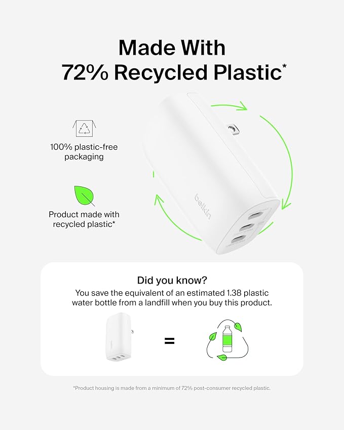 Belkin 3-Port USB C Charger Block 67W - PPS, USB-C PD3.1 Super Fast Charging Charger - Samsung Galaxy S25, Apple iPhone 17, Air, Pro, MacBook, AirPods, Apple Watch, Nintendo Switch 2 & More - White