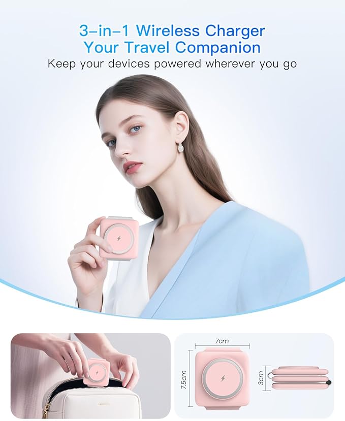 Charging Station for Apple Multiple Devices: 3 in 1 Foldable Magnetic Wireless Charger Stand - Travel Charging Dock Compatible with iPhone 16 15 14 13 12 Pro Max Plus Apple Watch AirPods