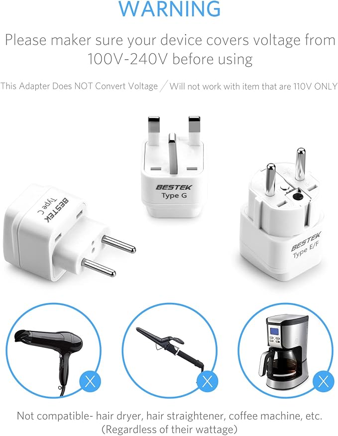BESTEK European Travel Plug Adapter Set, Grounded Universal Power Plug Adapter for US to Type E/F, Type C, Type G Countries, UK, Germany, France, Italy, Spain, Ireland and All of Europe, 3 Pack