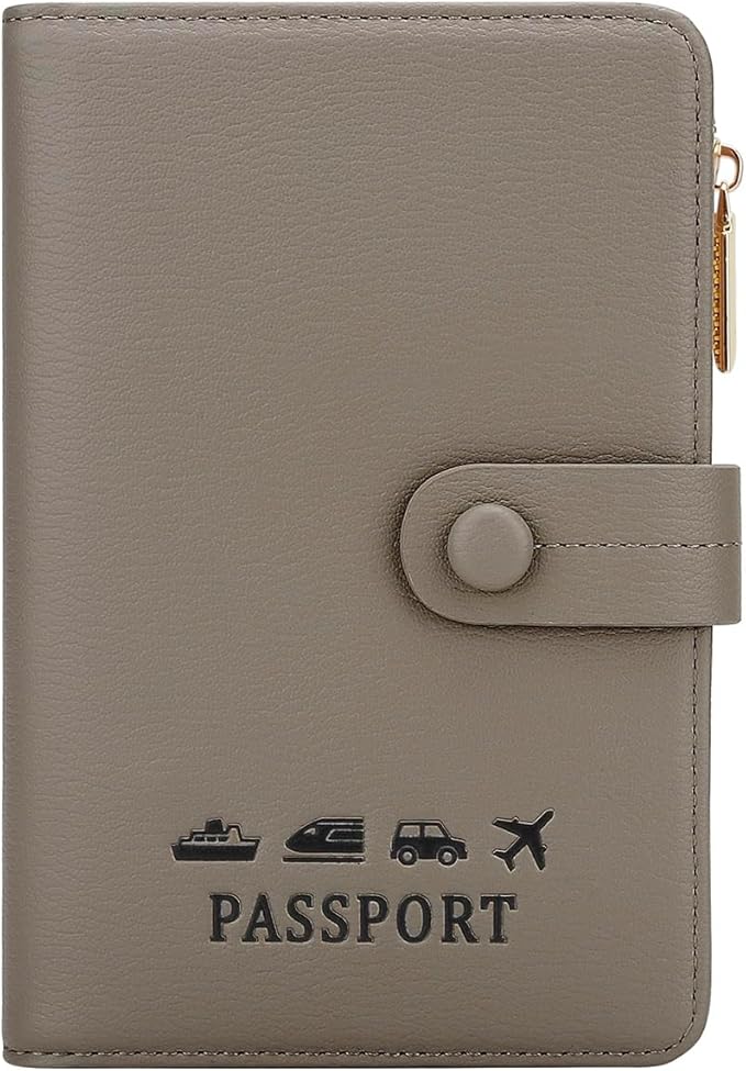 DOB SECHS Passport Holder Wallet for Women, Leather RFID Blocking Passport Cover Credit Cards Case Women Travel Accessories Organizer Pouch Bag with ID Window+Zippered Cash Pocket+SIM Slots, Grey