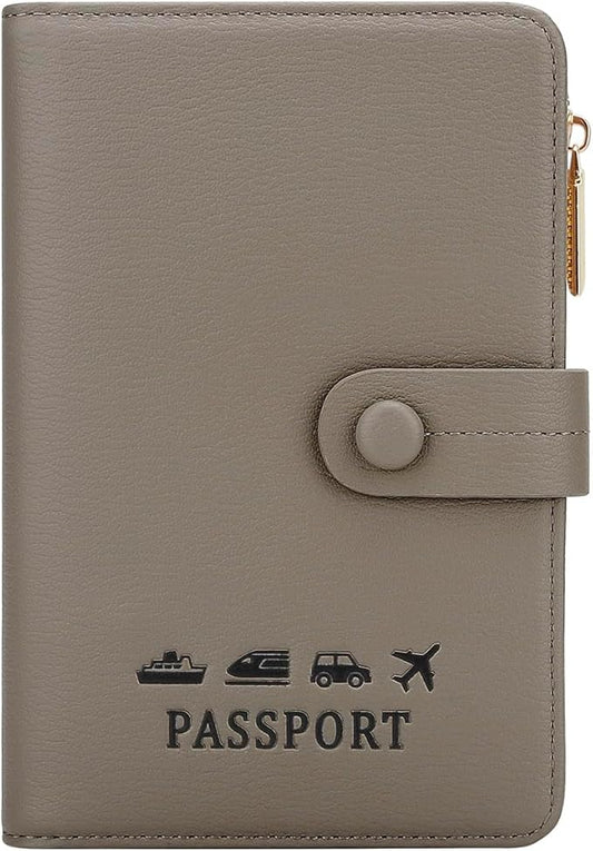 DOB SECHS Passport Holder Wallet for Women, Leather RFID Blocking Passport Cover Credit Cards Case Women Travel Accessories Organizer Pouch Bag with ID Window+Zippered Cash Pocket+SIM Slots, Grey