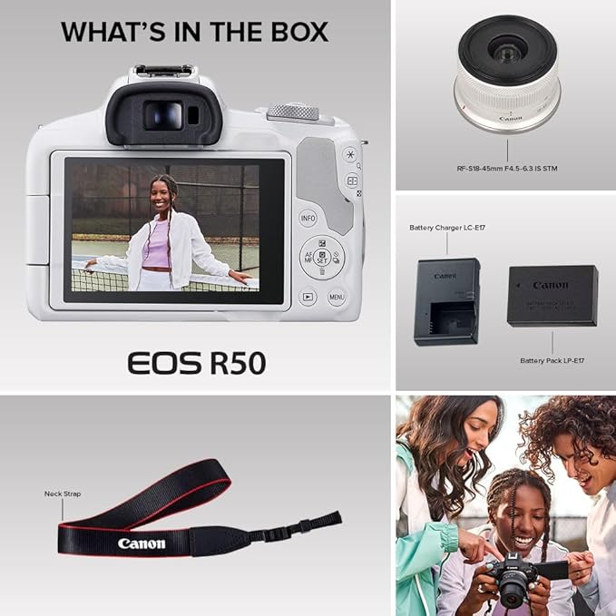 Canon EOS R50 Mirrorless Camera RF-S18-45mm F4.5-6.3 is STM Lens Kit, 24.2 Megapixel CMOS (APS-C) Sensor, 4K Video, Hybrid Camera, Photo and Video, Vlogging, Content Creator, RF Mount, White
