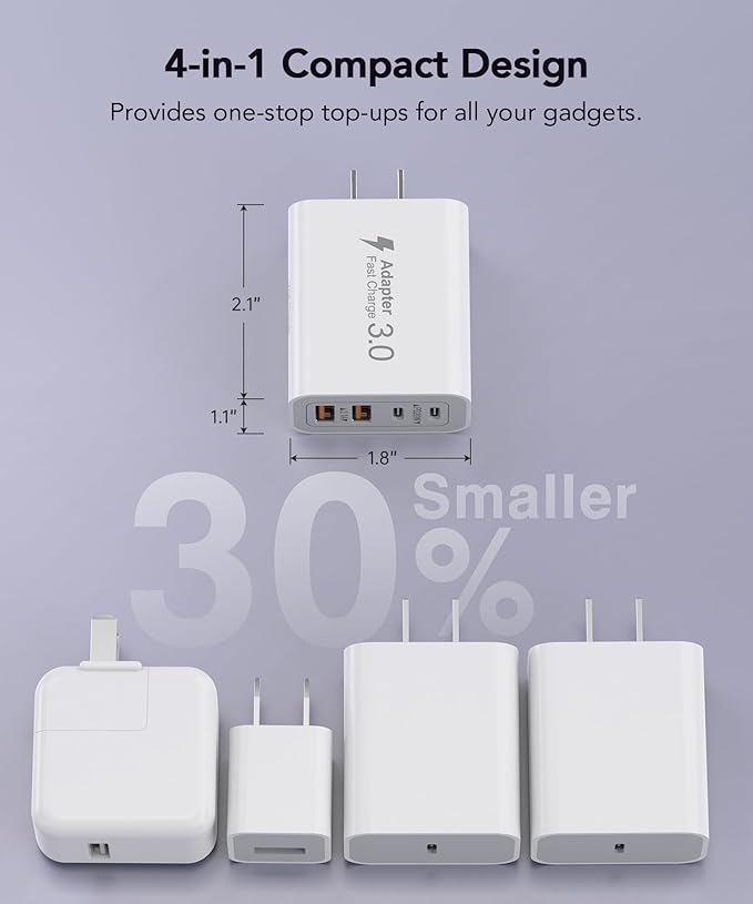 40W USB C Charger Block, 2-Pack 4-Port Type C Fast Charging Brick Dual PD&QC Wall Plug Adapter Compatible for iPhone13/14/15/16/17 Pro/Pro Max/iPad, Airpods, iwatch, Samsung Galaxy