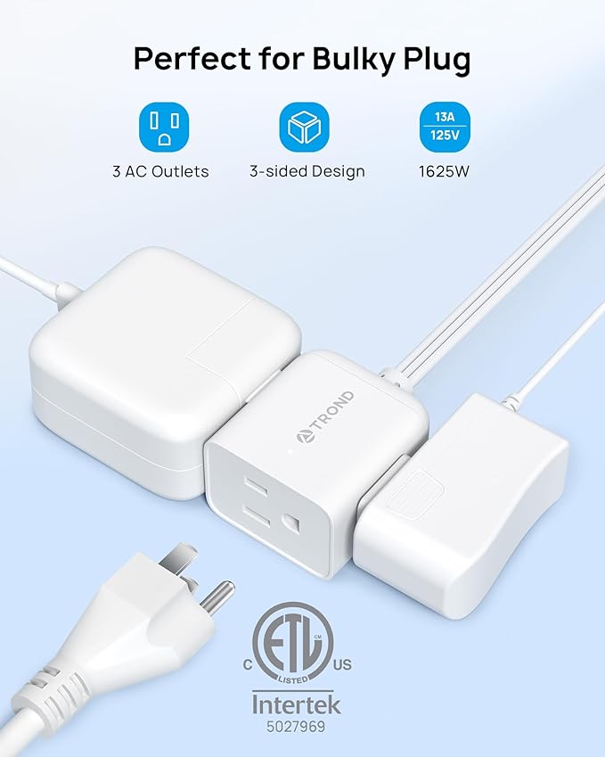 TROND Short Extension Cord 3ft with 360° Rotating Flat Plug, Low Profile Small Power Strip, Three Prong Grounded Outlets Cube, 13A, 16 AWG Cable for Indoor Home Office Cruise Travel Essentials, White