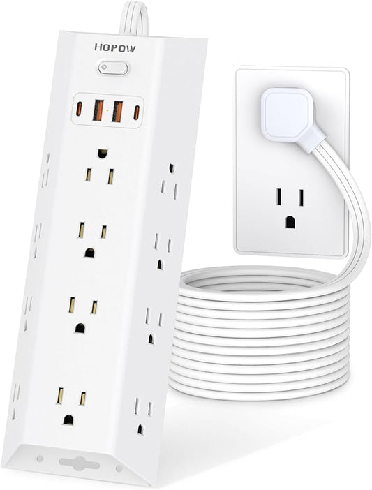 Surge Protector Power Strip, 5FT Extension Cord with 12 AC Outlets & 4 USB Ports (2 USB C), Wall Mount, Flat Plug Charging Station, 1700 Joules Surge Protector for Home Office, White