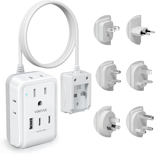 VINTAR Universal Travel Adapter Kit, 5ft Detachable Extension Cord with 4 AC Outlets & 3 USB(2 USB C), Type A/C/G/D/I/M International Power Adaptor for US to Europe UK India South Africa Japan