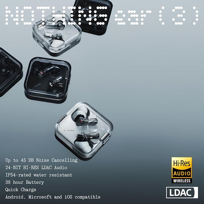 Nothing Ear (3) Wireless Earbuds Super Mic 45dB Hybrid Active Noise Cancelling Bluetooth Headphones Hi-Res 6 Mics, 12mm Dynamic Bass Boost, Dual Connect ANC Sport Ear Buds for iPhone Android, Black