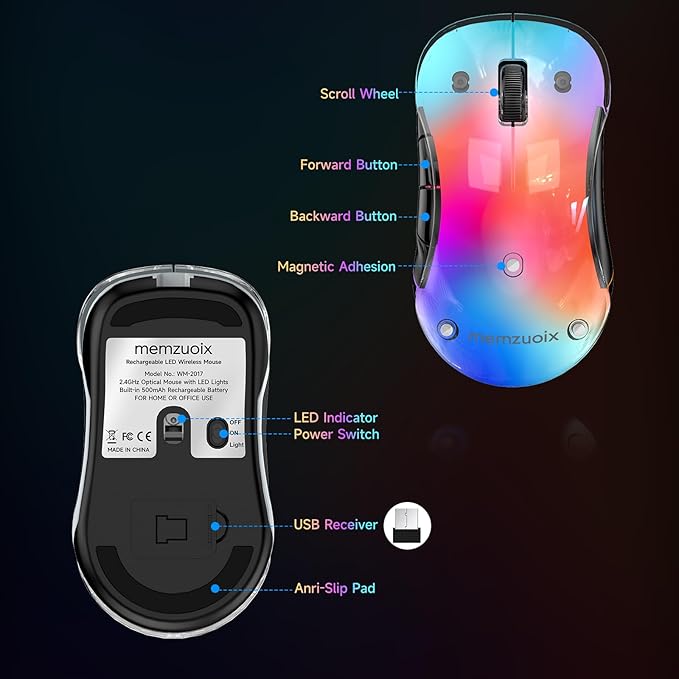 memzuoix 2.4G LED Wireless Mouse, Rechargeable Ergonomic Mouse with Detachable Cover, 1200 DPI Portable Optical Computer Mouse with USB Receiver for Laptop, PC, Desktop and MacBook, 5 Buttons