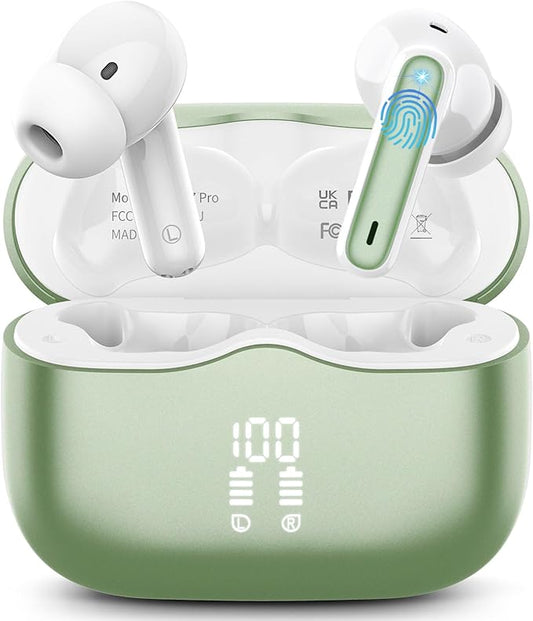 Wireless Earbuds, Bluetooth 5.4 Headphones in Ear with 4 ENC Noise Cancelling Mic, New Wireless Earphones HiFi Stereo Deep Bass 40H Playtime, in-Ear Bluetooth Earbuds LED Display IP7, USB-C, Green