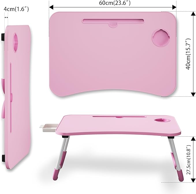 Lap Desk Bed Trays for Eating and Laptops Breakfast in Bed Tray for Sofa/Couch/Study/Reading/Writing with Cup Holder/Drawer On Low Sitting Floor Large Portable Foldable (Pink)