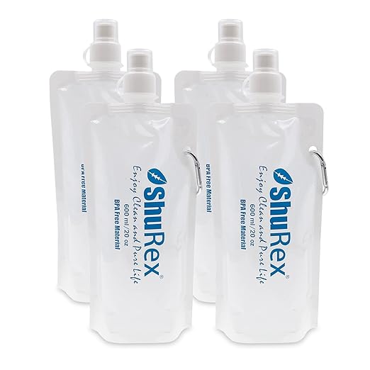 4 Pack 20oz/ 600ml Collapsible Water Pouch for Sawyer Squeeze Mini Water Filtration System, Compatible with Membrane Solutions and Other Water Filter Straw; Foldable Water Bottle, Reusable, BPA-Free