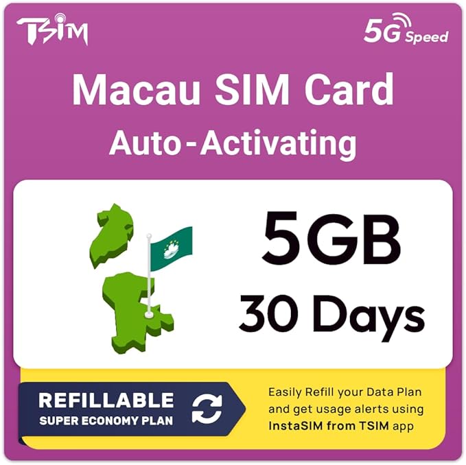 Macau SIM Card | 5GB Super Economy Refillable Plan! Auto Activating 30 Day Validity | 5G Speed + Hotspot | Data-Only No Phone Number