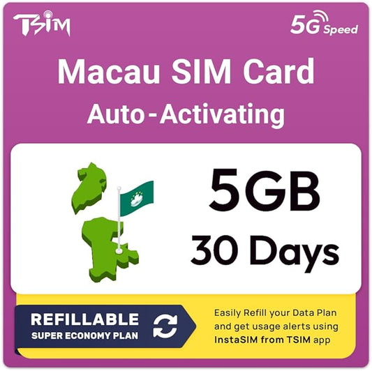 Macau SIM Card | 5GB Super Economy Refillable Plan! Auto Activating 30 Day Validity | 5G Speed + Hotspot | Data-Only No Phone Number