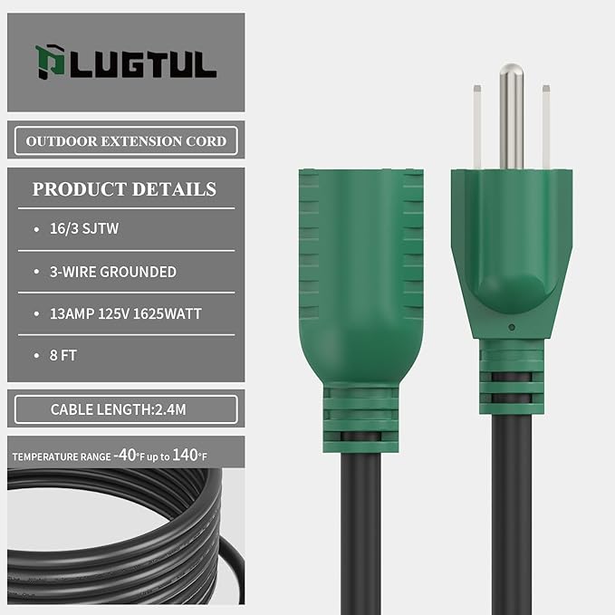 PLUGTUL 8 FT Extension Cord Waterproof, 16/3 Black Heavy Duty 3 Prong Extension Cord, 13A 1625W SJTW, ETL Listed, Great for Garden and Home