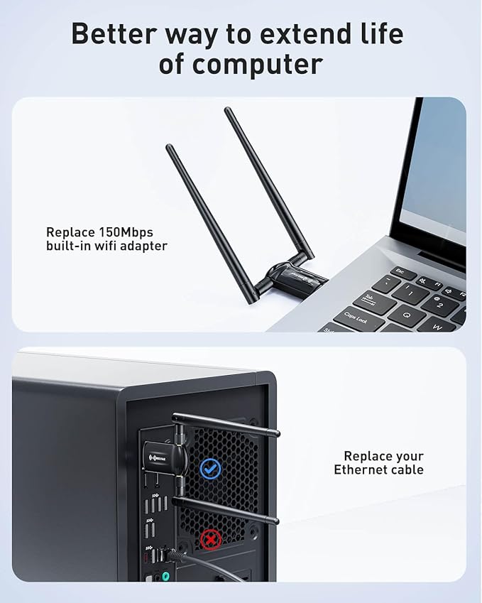 Nineplus USB WiFi Adapter for Desktop PC - 1800Mbps 5.8G/2.4G Wi-Fi 6 USB 3.0 Wireless Adapter with 2x5dBi Antenna WiFi Dongle for Desktop PC Laptop 802.11ax Internet Network Card for Win11/10